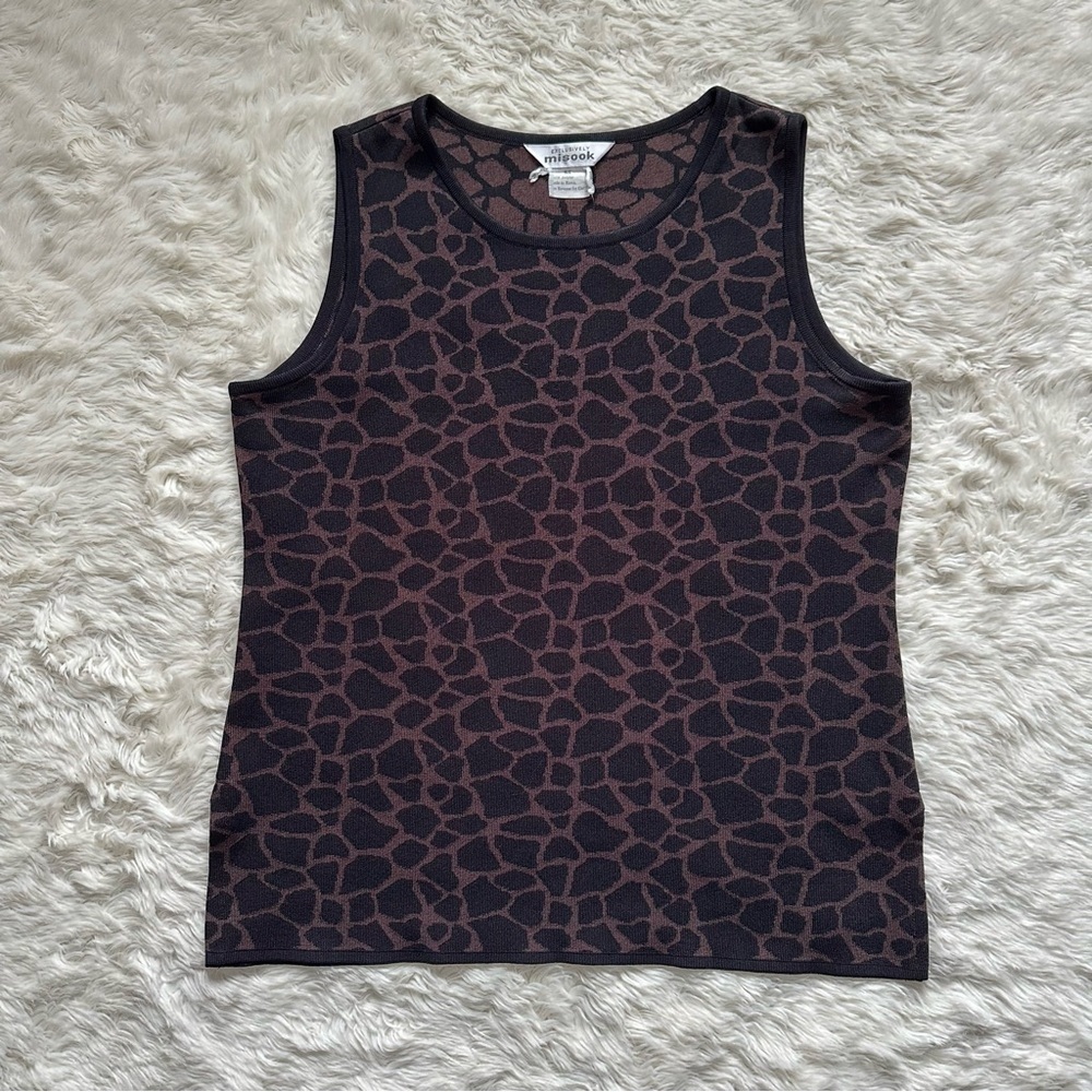 Misook Tank Top Sleeveless Knit Scoop Neck Animal Print Giraffe Brown Black M